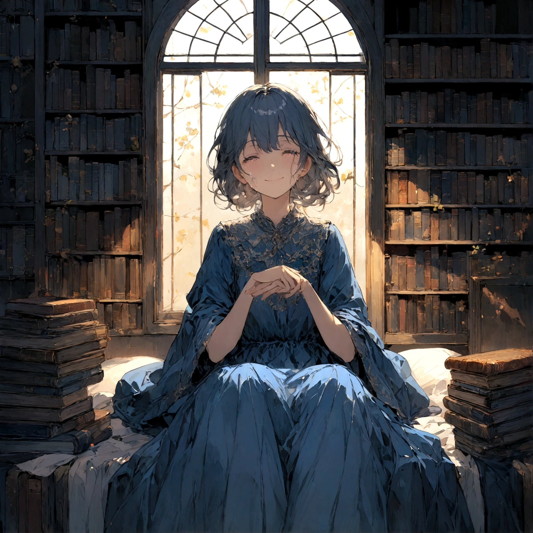 a sad female wearing a blue dress, silently crying on her bed though accepting it, in front of a moonlit window surrounded by books, has a smile on her face