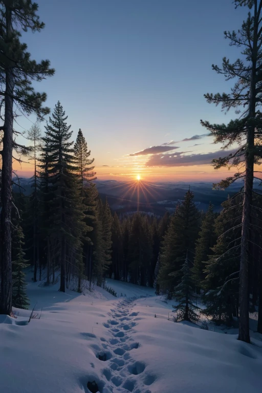 A forest with several trees at sunset seen from the top of a mountain with a beautiful sky