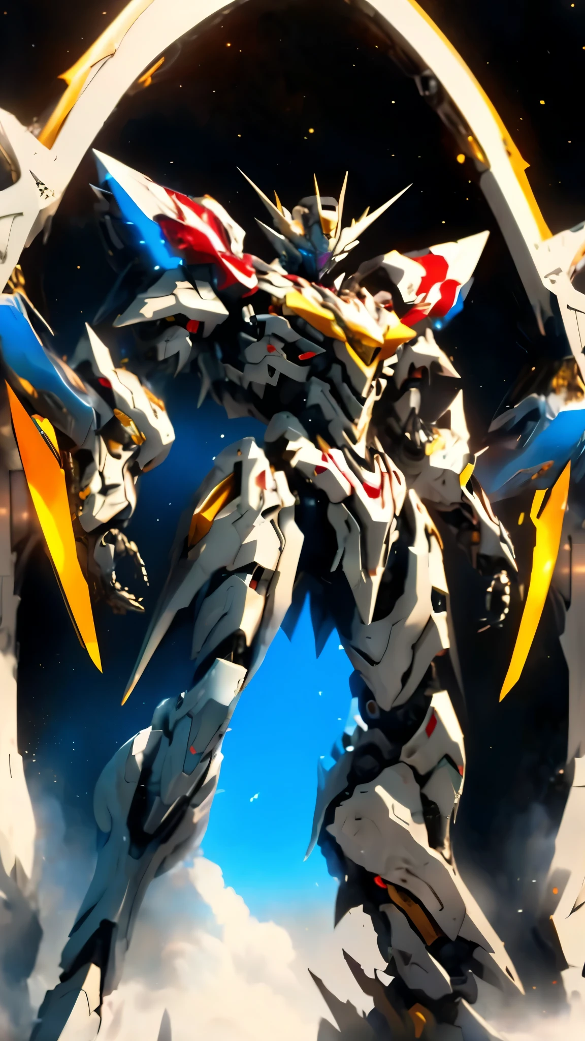 Humanoid Mecha, fully enclosed shoulder guards, matching arm and leg guards, full body, full armor, the design balances heavy with agility, (the color scheme is primarily white with red and blue accents, the concept Inspired by Super robot, organic biotech armor, standing, floating high above the futuristic sci-fi city), exquisite and mature art style, (aura effect, energy, glowing eyes, the armor glows), ((SRS)), metallic, dynamic, dramatic, high definition, best quality, highres, ultra-detailed, ultra-fine painting, extremely delicate, professional, perfect body proportions, anatomically correct, symmetrical face, extremely detailed eyes and face, high quality eyes, creativity, RAW photo, UHD, 32k, Natural light, cinematic lighting, masterpiece-anatomy-perfect, masterpiece:1.5