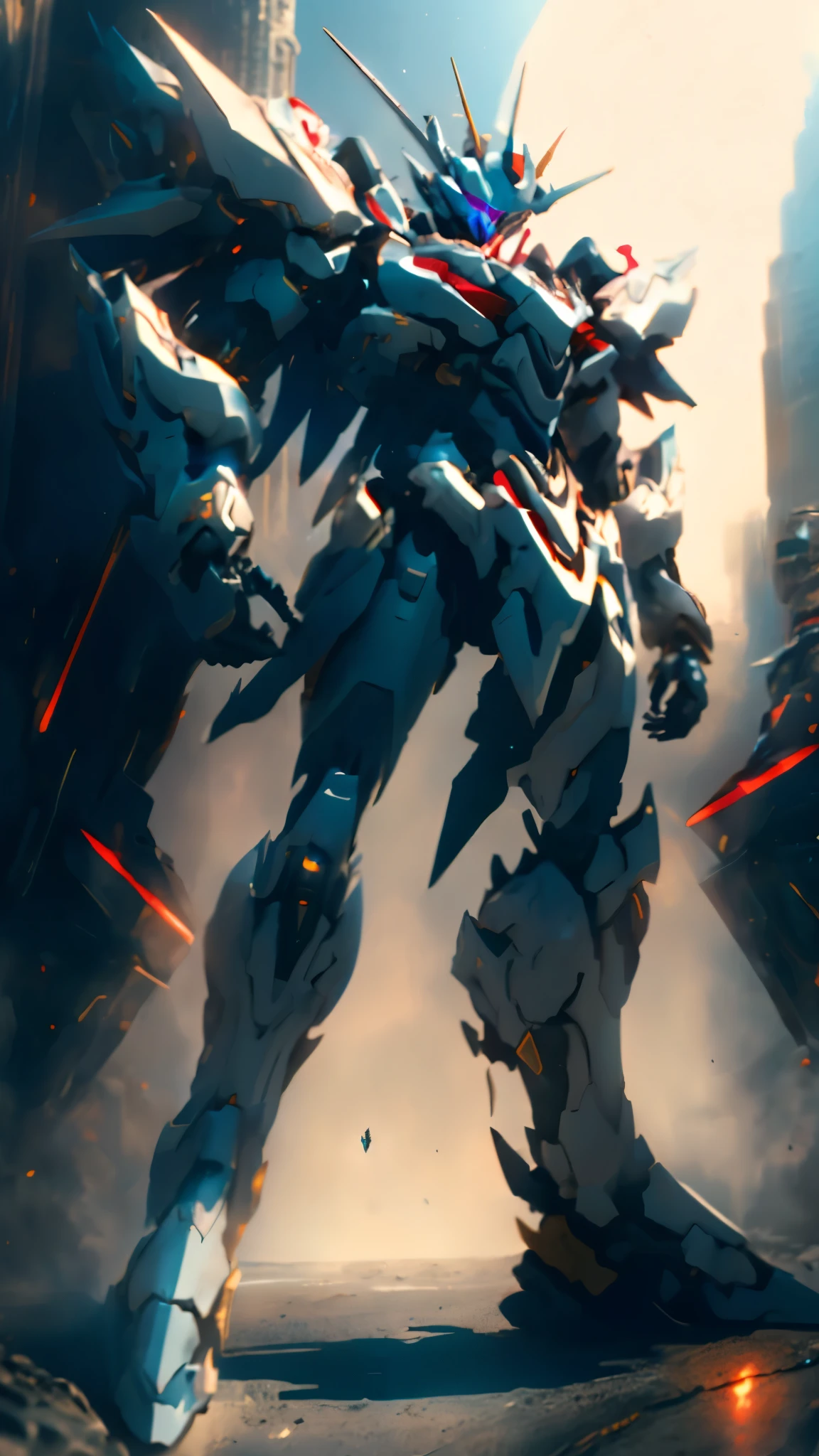 Humanoid Mecha, fully enclosed shoulder guards, matching arm and leg guards, full body, full armor, the design balances heavy with agility, (the color scheme is primarily white with red and blue accents, the concept Inspired by Super robot, organic biotech armor, standing, floating high above the futuristic sci-fi city), exquisite and mature art style, (aura effect, energy, glowing eyes, the armor glows), ((SRS)), metallic, dynamic, dramatic, high definition, best quality, highres, ultra-detailed, ultra-fine painting, extremely delicate, professional, perfect body proportions, anatomically correct, symmetrical face, extremely detailed eyes and face, high quality eyes, creativity, RAW photo, UHD, 32k, Natural light, cinematic lighting, masterpiece-anatomy-perfect, masterpiece:1.5