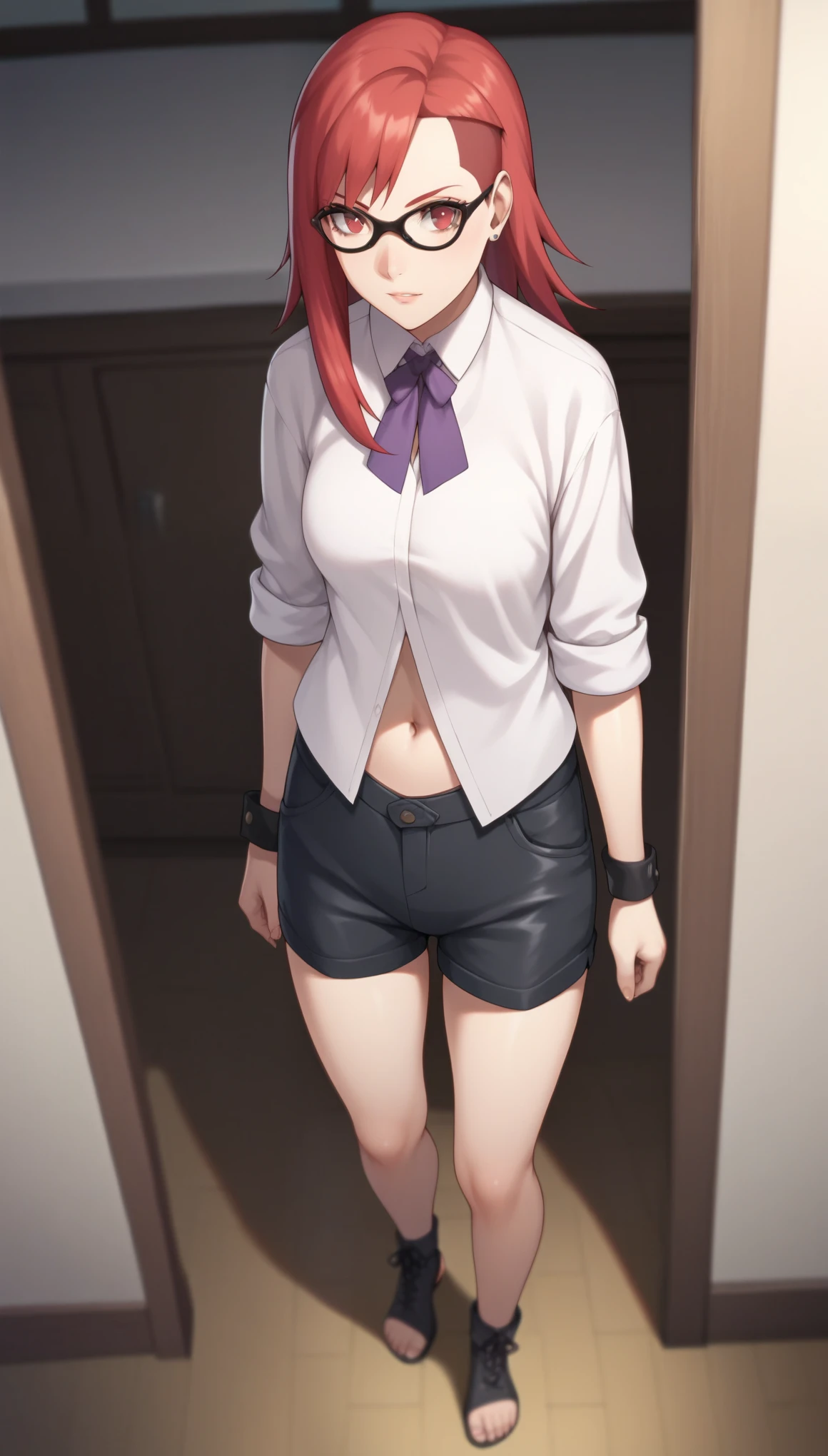 score_9, score_8_up, score_7_up, score_6_up, score_5_up, score_4_up, KarinUzumakiGAXL, black glasses, red eyes, red hair, long hair, shaved hair on one side, bangs, medium breasts, collered shirt, purple necktie, white shirt, sleeves rolled up, wristband, navel, black shorts, black footwear, toeless footwear, (solo), standing, looking at viewer, indoors