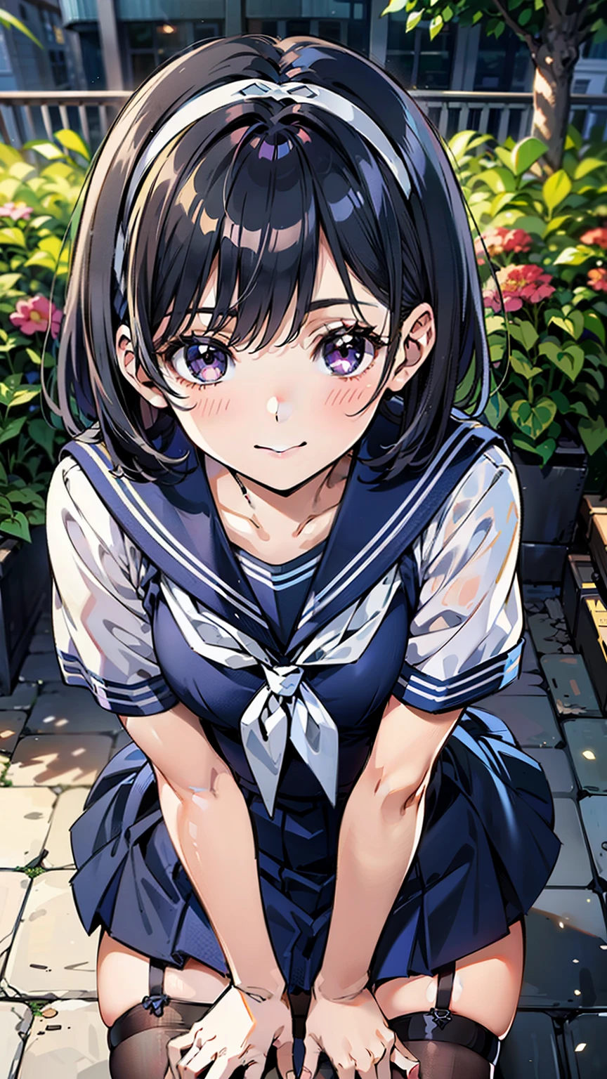 sailor uniform, One Woman, (A beauty woman, Delicate high school girl:1.3), 8K, highest quality, masterpiece, Very detailed, Ultra-high resolution, Realistic, RAW Photos, Absolute Resolution, Black Hair, Bobcut, Small face compared to body, Very small face, Black Hair, ((Navy blue sailor suit)), Navy Blue Skirt, High school girl in sailor suit, 2D Rendering of Anime, ((White headband)), Small breasts, tall, Slanted Eyes, Purple Eyes, Black Stockings, garter belt, Embarrassed smile, garden, (Take a photo with your smartphone:1.3), (Top-down position:1.3), blurry background,