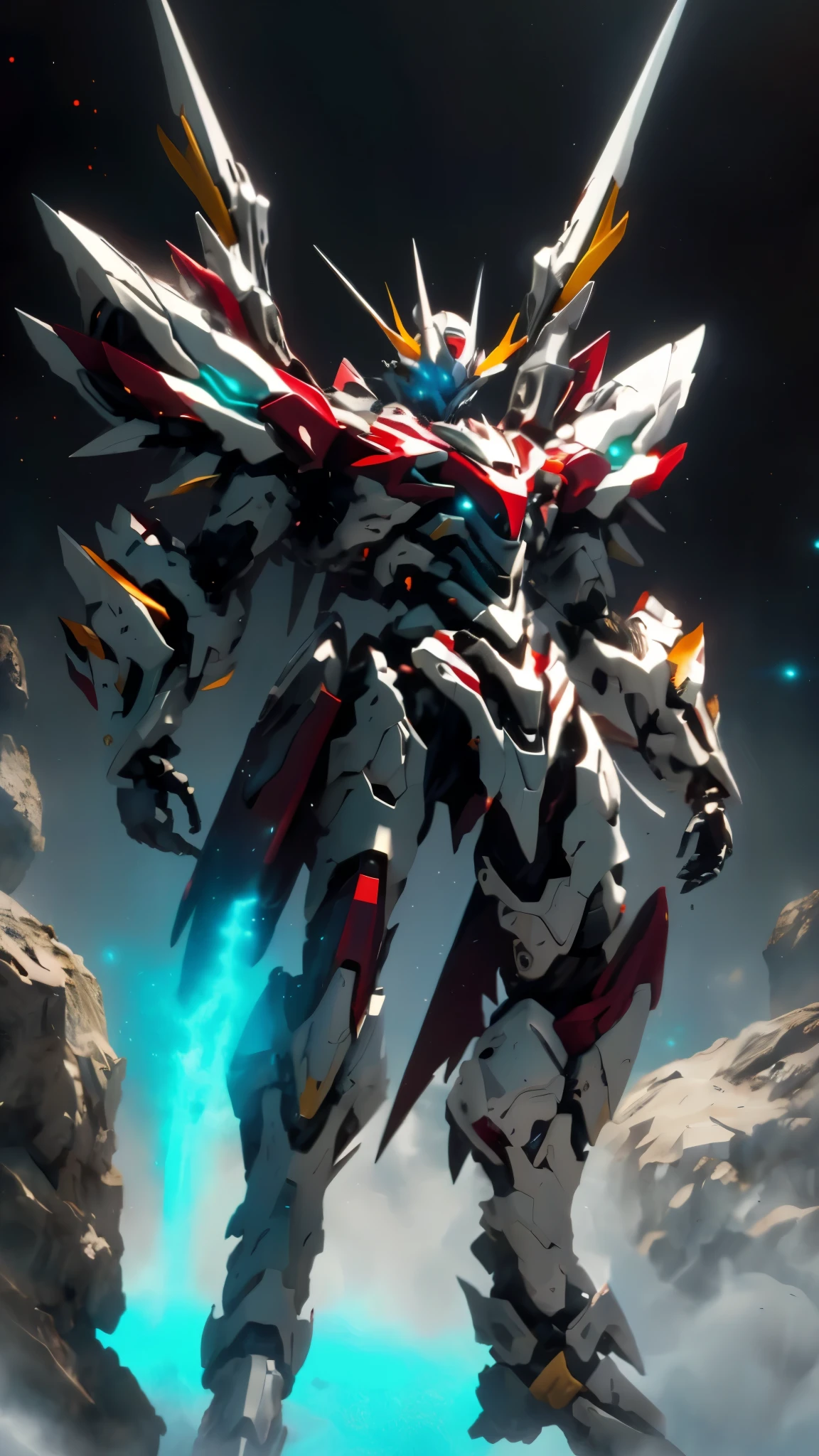 Humanoid Mecha, fully enclosed shoulder guards, matching arm and leg guards, full body, full armor, the design balances heavy with agility, (the color scheme is primarily white with red and blue accents, the concept Inspired by Super robot, organic biotech armor, standing, floating high above the futuristic sci-fi city), exquisite and mature art style, (aura effect, energy, glowing eyes, the armor glows), ((SRS)), metallic, dynamic, dramatic, high definition, best quality, highres, ultra-detailed, ultra-fine painting, extremely delicate, professional, perfect body proportions, anatomically correct, symmetrical face, extremely detailed eyes and face, high quality eyes, creativity, RAW photo, UHD, 32k, Natural light, cinematic lighting, masterpiece-anatomy-perfect, masterpiece:1.5