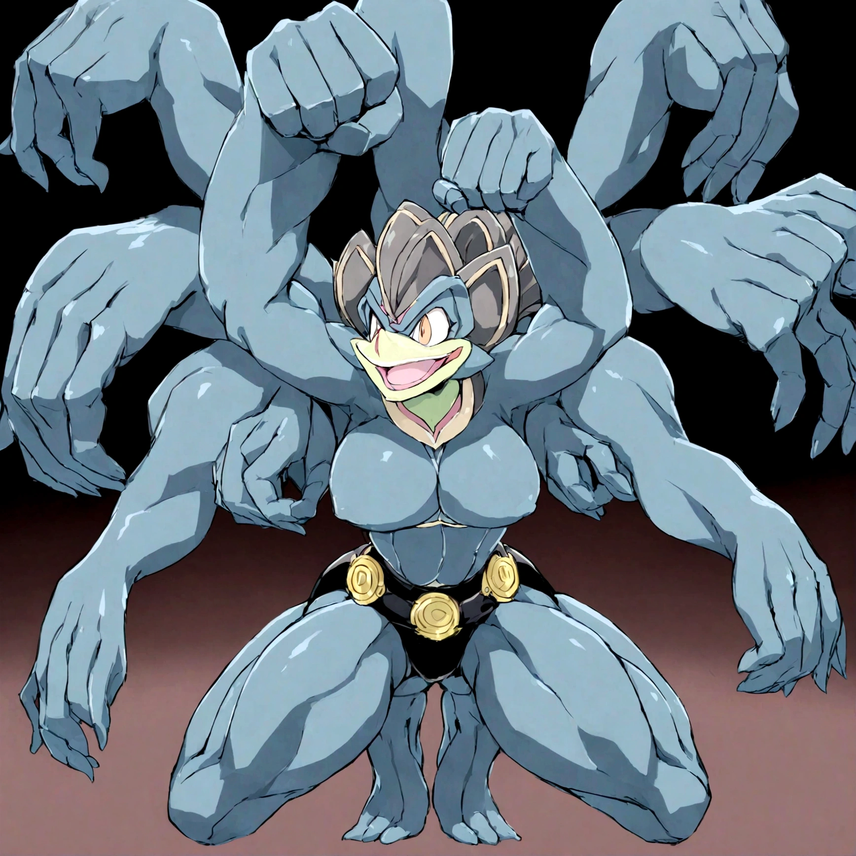 Terrifying woman with 6 arms coming out of her own body, green skin, green hair, orange eyes