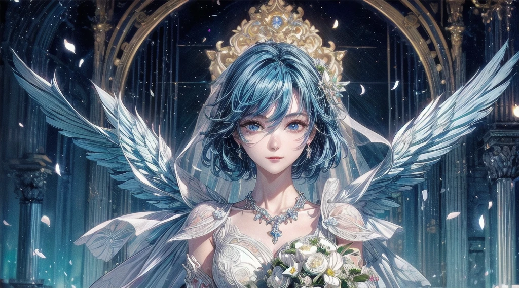 Cinema Lighting、16K quality、Highly detailed skin,(One Girl, alone:1.2)、highest quality,cyber punk,Wedding with a beautiful android woman、(1 Beautiful Woman、Beautifully detailed facial features and hair、Blue Hair、Medium Hair、short hair、hairstyle for wedding、blue eyes:1.3)(Mechanical angel wings on my back、Flapping of angel wings:1.4)rosary necklace、break、(holding a bouquet of beautiful flowers:1.5)spread one wing、smile、Wedding dress、White gloveachine body:1.4)evening、City lights(Wedding venue with beautiful sea views、highly detailed structure、blessing confetti)