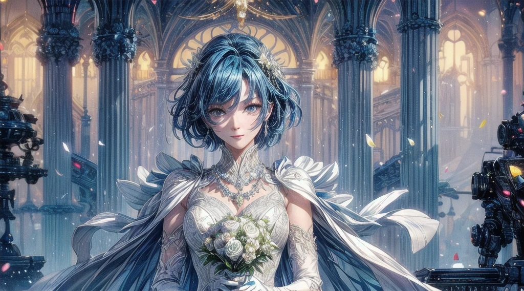 Cinema Lighting、16K quality、Highly detailed skin,(One Girl, alone:1.2)、highest quality,cyber punk,Wedding with a beautiful android woman、(1 Beautiful Woman、Beautifully detailed facial features and hair、Blue Hair、Medium Hair、short hair、hairstyle for wedding、blue eyes:1.3)（Mechanical angel wings on my back、Flapping of angel wings:1.4）rosary necklace、break、（holding a bouquet of beautiful flowers:1.5）spread one wing、smile、Wedding dress、White gloveachine body:1.4）evening、City lights（Wedding venue with beautiful sea views、highly detailed structure、blessing confetti）