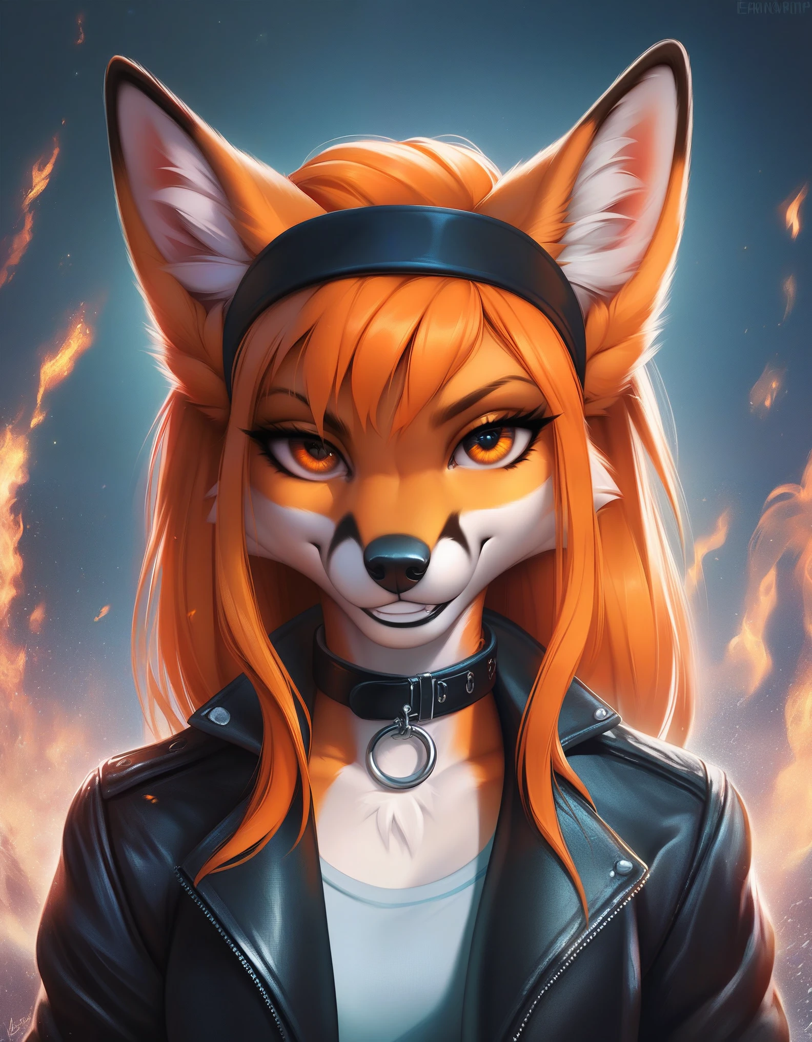 score_9, score_8_up, score_7_up, score_6_up, source_furry, BREAK,detailed face eyes and fur, (detailed fire background), anthro furry female fox, orange hair, enface portrait, small, looking at viewer, intimidating, smirk, black headband, collar, jacket, highly detailed, absurdres, cinematic lighting, soft, fluffy