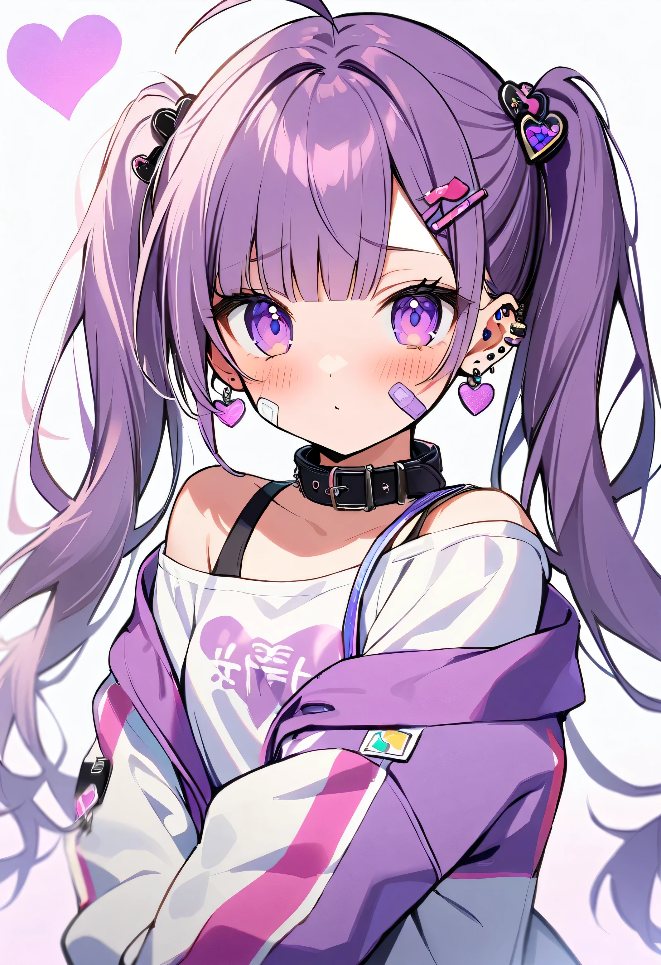 1girl, solo, long hair, looking at viewer, blush, bangs, hair ornament, long sleeves, twintails, jewelry, purple eyes, jacket, upper body, purple hair, ahoge, heart, earrings, hairclip, blunt bangs, off shoulder, collar, piercing, ear piercing, bandaid, bandaid on face