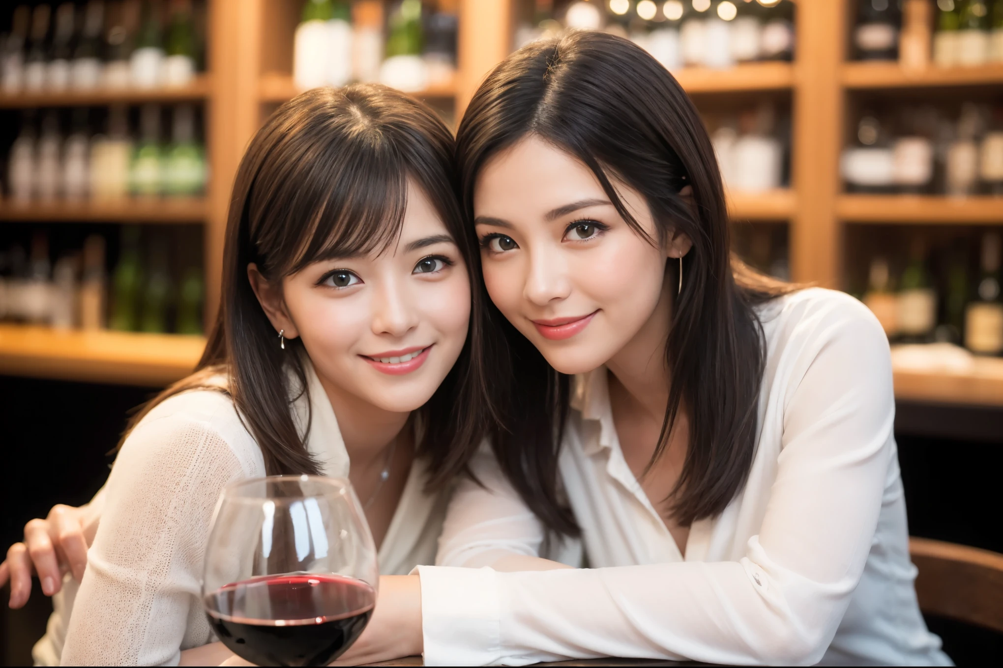 ((highest quality、8k、masterpiece:1.3))、1 male、1 female、石原さとみ似美女Couple、Spouse、Couple、The body is slim、((Bob Hale、Straight hair:1.2)), (Realistic, Intricate details:1.2), テーブルの上のwine glass、Shine light on your face、 Amazing view of the sunset sky and clouds、Amazing mountain views、A bright smile、The wonderfulness of smile、Bright image、The beauty of wine, Beautiful Face, blue eyes, The light shines on your face, Blushing, short hair,Bright Face、 (Age 37), "41 years old, red wine 、Appetizers、Italian food、Wine bottle、Champagne、sparkling wine、Two beauties、Brown Hair、Shortcuts、Long sleeve shirt、dress、Pretty Woman 1, (slimな顔), (The body is slim), (Brown Hair), (Shortcuts), cheeks turn a little red,Attractive beauty、restaurant, In a prominent place (From the waist up) Nova Frog Style, actress, model, Upper Body, White wine, slim, wine glass, 中央に置かれたwine glass, smile, (smile: 1.15), Beautiful fine grain, Depth f/2,saturation, High Contrast, Strong light and shadow,Moist Body:1.5、3D texture、Delicate eyes、Brown Hair、The hair is very shiny、