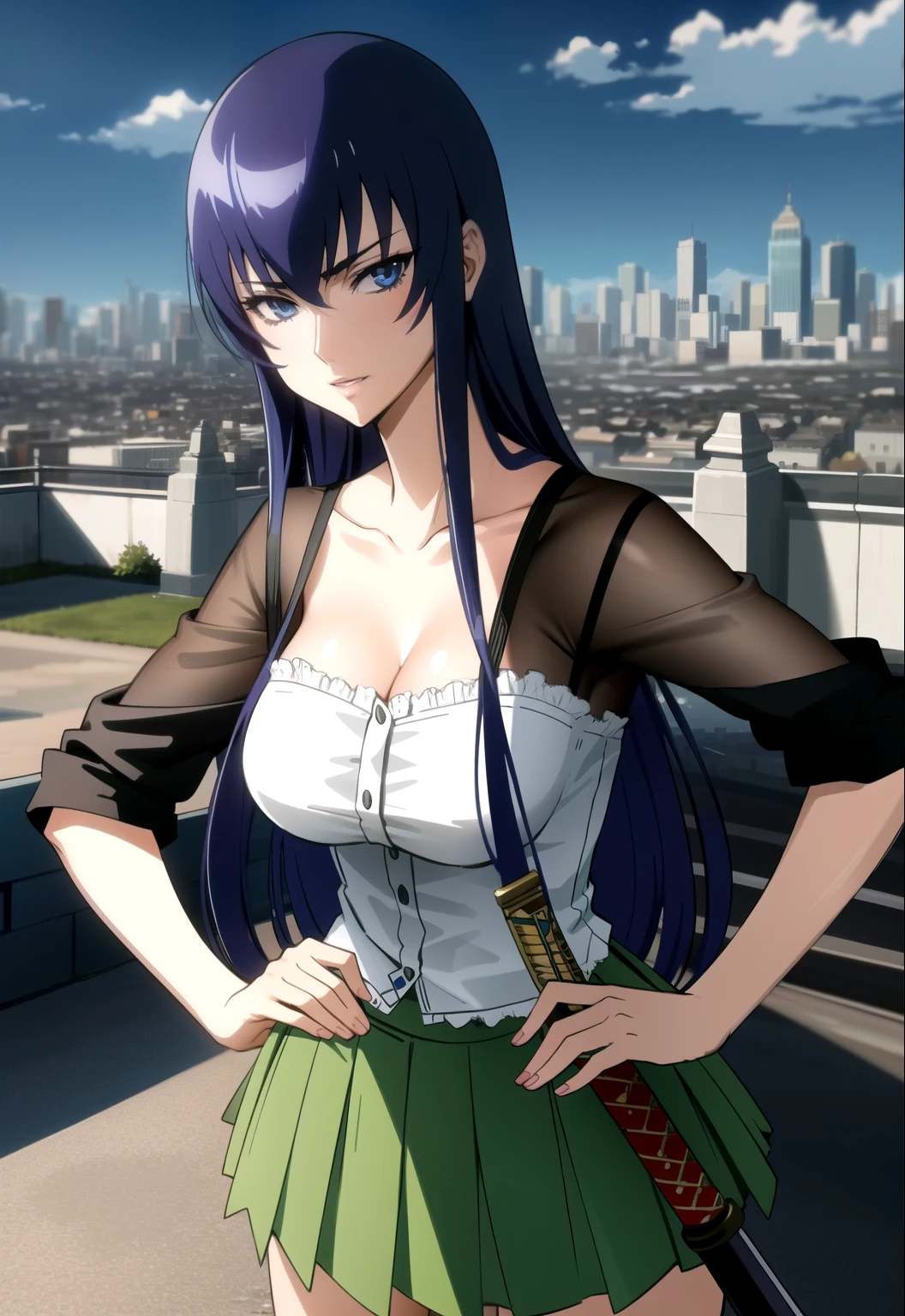 ((Best quality)),((highly detailed)),masterpiece,detailed face,beautiful face,(detailed eyes, deep eyes),amazing beautiful face,happy face,grin, blue eyes,collarbone,long legs, long hair, busujima saeko, mature female, looking at viewer,(she stands in a fighting stance:1.1),holding katana,she holds a katana in his left hand,, green skirt, pleated skirt,(vivid,colorful:1.1), finely detailed, detailed illustration,post-apoc,(((ruined_cityscape, postapoc_scenery))),