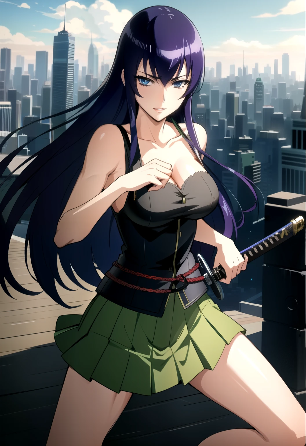 ((Best quality)),((highly detailed)),masterpiece,detailed face,beautiful face,(detailed eyes, deep eyes),amazing beautiful face,happy face,grin, blue eyes,collarbone,long legs, long hair, busujima saeko, mature female, looking at viewer,(she stands in a fighting stance:1.1),holding katana,she holds a katana in his left hand,, green skirt, pleated skirt,(vivid,colorful:1.1), finely detailed, detailed illustration,post-apoc,(((ruined_cityscape, postapoc_scenery))),