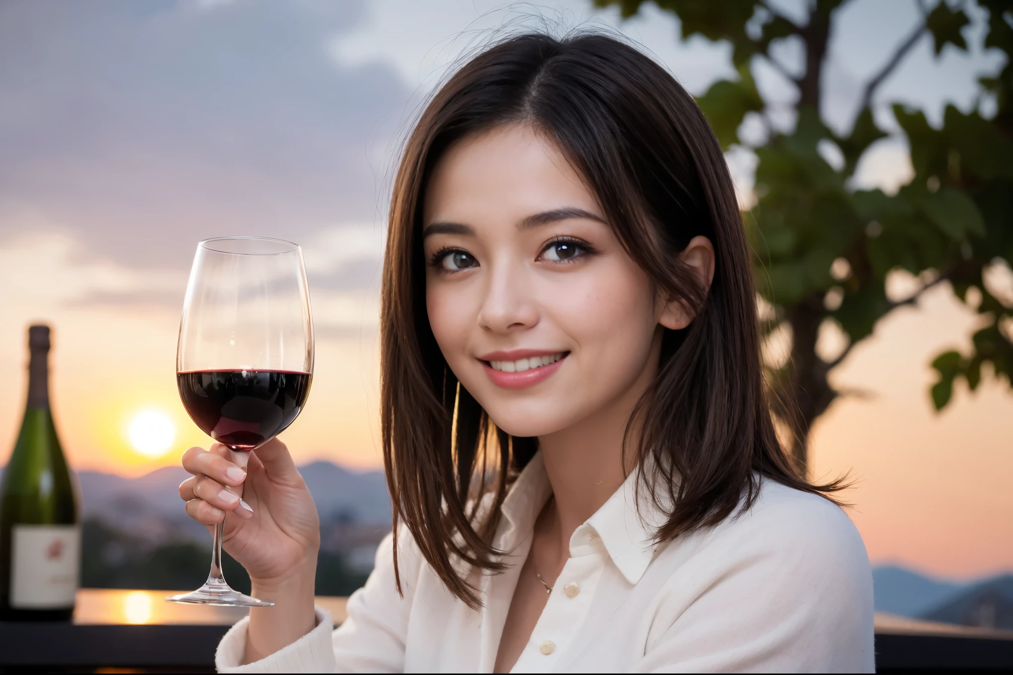 ((highest quality、8k、masterpiece:1.3))、1 male、1 female、石原さとみ似美女Couple、Spouse、Couple、The body is slim、((Bob Hale、Straight hair:1.2)), (Realistic, Intricate details:1.2), テーブルの上のwine glass、Shine light on your face、 Amazing view of the sunset sky and clouds、Amazing mountain views、A bright smile、The wonderfulness of smile、Bright image、The beauty of wine, Beautiful Face, blue eyes, The light shines on your face, Blushing, short hair,Bright Face、 (Age 37), "41 years old, red wine 、Appetizers、Italian food、Wine bottle、Champagne、sparkling wine、Two beauties、Brown Hair、Shortcuts、Long sleeve shirt、dress、Pretty Woman 1, (slimな顔), (The body is slim), (Brown Hair), (Shortcuts), cheeks turn a little red,Attractive beauty、restaurant, In a prominent place (From the waist up) Nova Frog Style, actress, model, Upper Body, White wine, slim, wine glass, 中央に置かれたwine glass, smile, (smile: 1.15), Beautiful fine grain, Depth f/2,saturation, High Contrast, Strong light and shadow,Moist Body:1.5、3D texture、Delicate eyes、Brown Hair、The hair is very shiny、