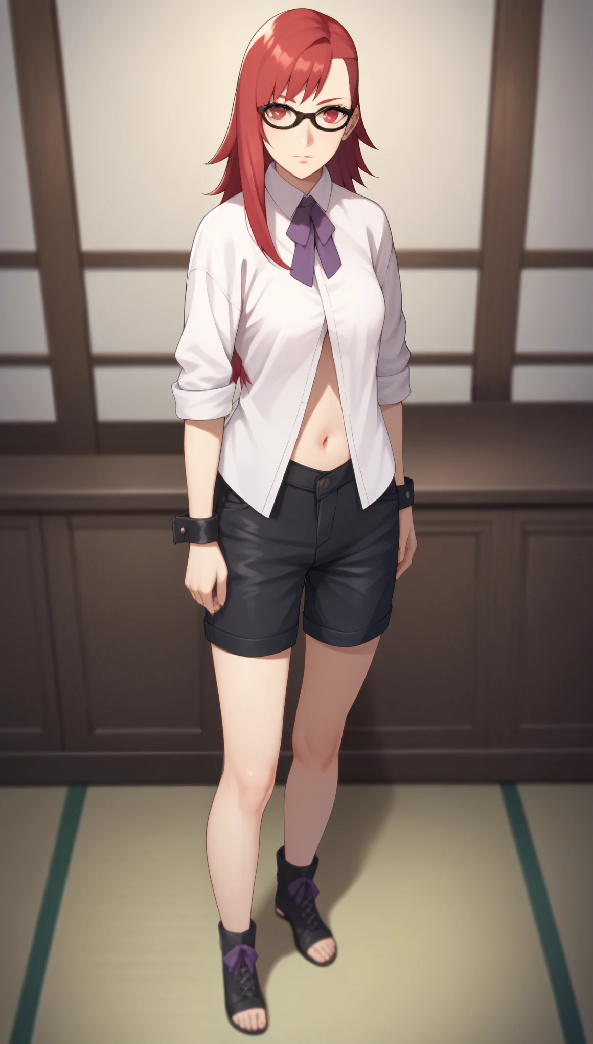 score_9, score_8_up, score_7_up, score_6_up, score_5_up, score_4_up, KarinUzumakiGAXL, black glasses, red eyes, red hair, long hair, shaved hair on one side, bangs, medium breasts, collered shirt, purple necktie, white shirt, sleeves rolled up, wristband, navel, black shorts, black footwear, toeless footwear, (solo), standing, looking at viewer, indoors