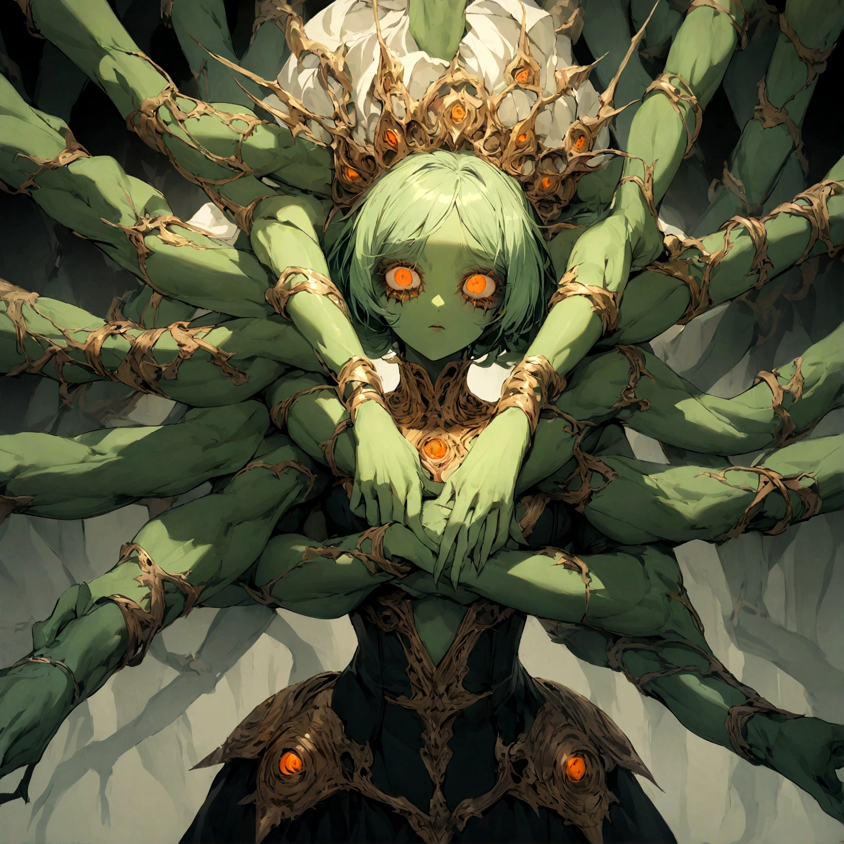 Terrifying woman with 6 arms coming out of her own body, green skin, green hair, orange eyes