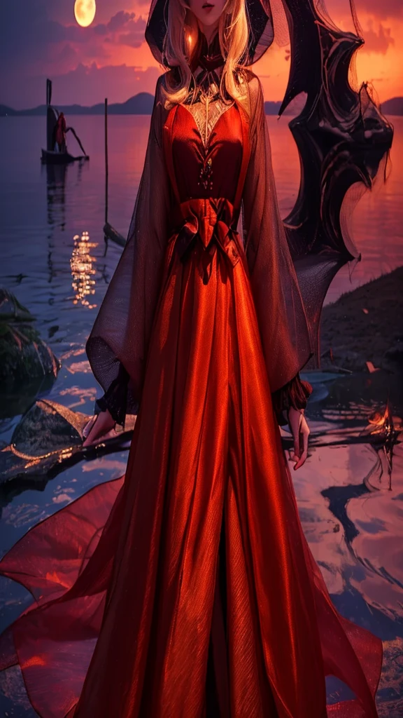 a woman standing by a lake, full moon in the night sky, hyperrealistic, vibrant red sky, dramatic lighting, detailed facial features, high quality, 8k, photorealistic, detailed skin texture, long flowing hair, elegant dress, serene expression, reflection in the water, dramatic clouds, glowing moon, lush foliage around the lake