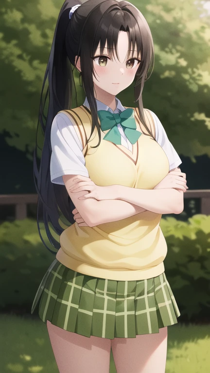 masterpiece, best quality, highres, 1girl, solo, long hair, black hair, ponytail, parted bangs, brown eyes, , green bowtie, white shirt, short sleeves, sweater vest, yellow vest, plaid skirt, green skirt, standing, cowboy shot, outdoors