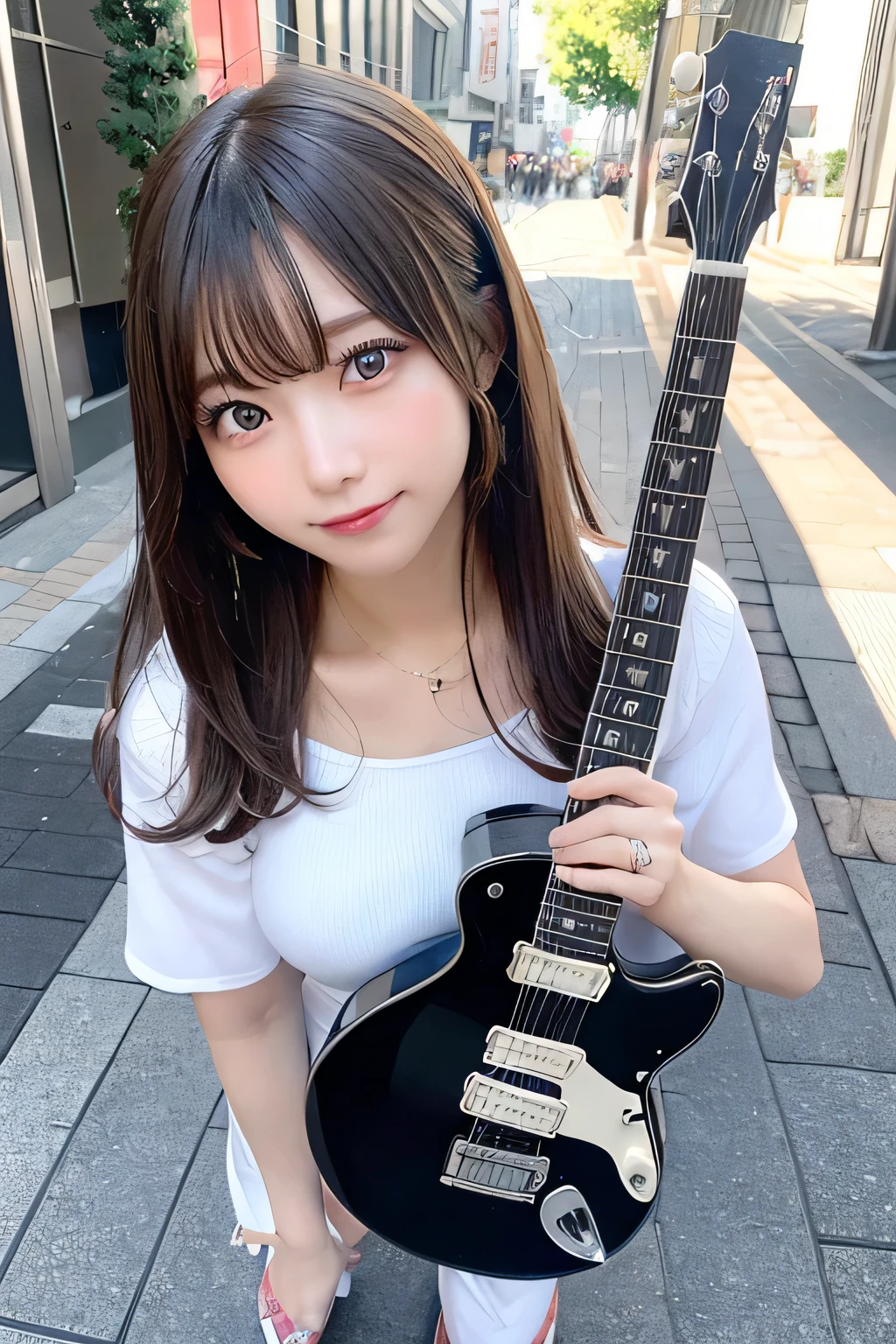 Fine details, High resolution, high quality、Perfect dynamic composition, Beautiful detailed eyes, Medium Hair, Small breasts、Natural color lip,Looking up、Shibuya-kei、20 year old girl、1 person、Clear skin、Shiny Hair、A sloppy smile、Mastepiece, Best Quality, Illustration, Super detailed, Fine details, High resolution, 8K、The correct state of the human body、squat、Gravure model pose,Hair flying in the wind、((I have an electric guitar))、(Wearing a dress)、(Full Body Shot)(Random Pause)