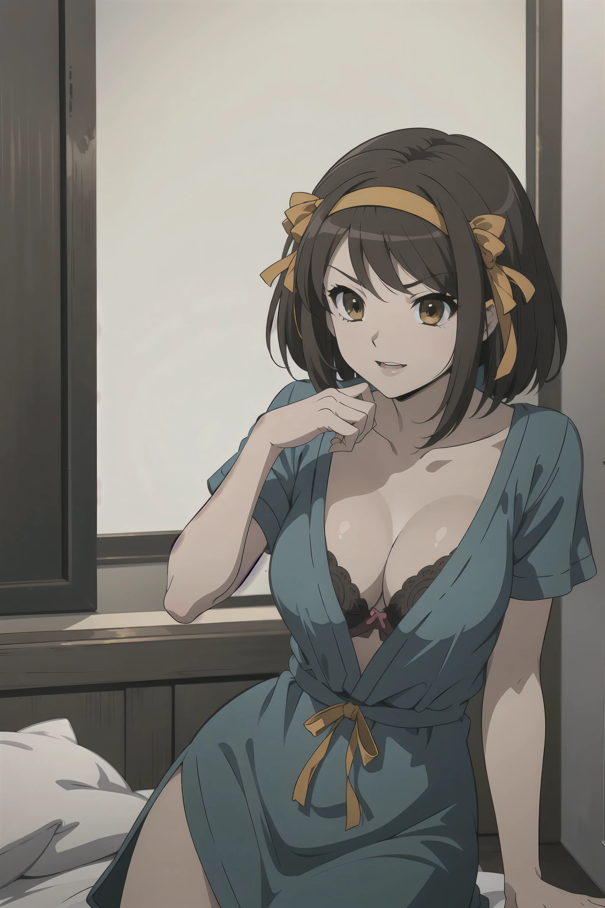 (A superb exquisite haruhi suzumiya), (haruhi suzumiya:1.5), brown eyes, brown hair, natural straight hair, hairband, ribbon, straight bangs, solo, nature, extremely delicate, straight facial features, peerless beautiful girl, soft, (sensual face), ((ecchi face)), dreamy quality, exaggerated facial features, solid color, frank holly, delicate face, bright lips, slender waist, soft curves, real light and shadow, super fine, 4k, natural moving, Ultra high resolution, (masterpiece:1.2, best quality), (finely detailed beautiful eyes: 1.2), (beautiful detailed face), sexy nude model, sexy pose, (large chest), (Perfect Body Proportions), (bedroom), Mekosuji, Spread your legs a little and show off your crotch, bra & panties,