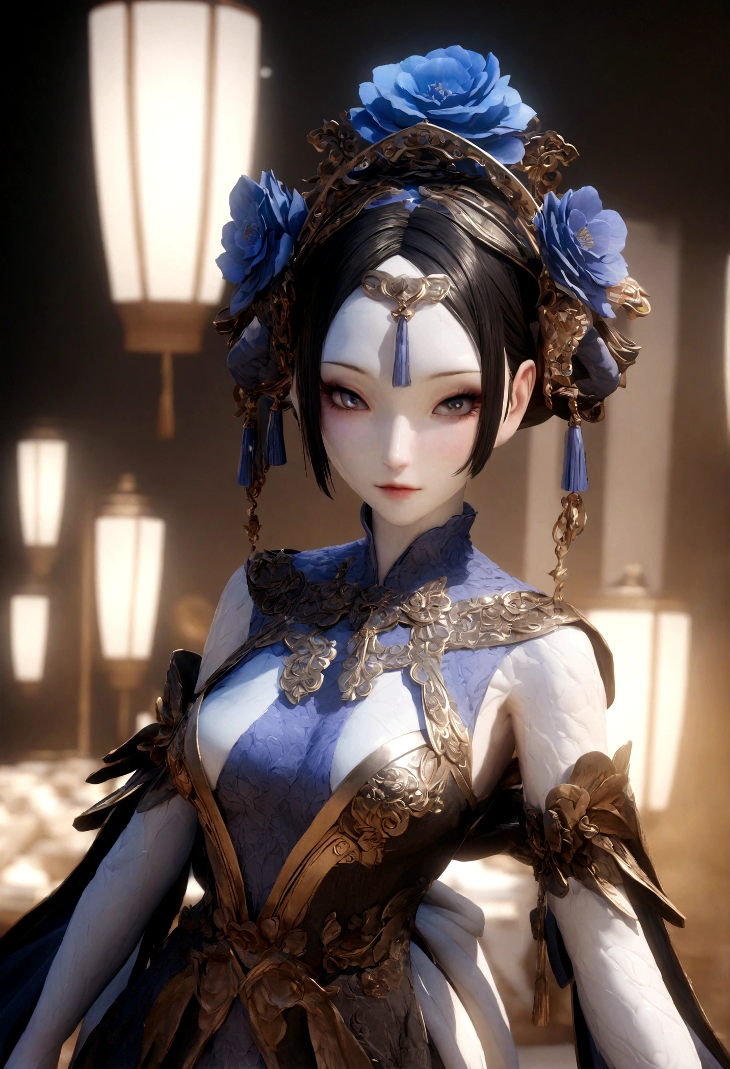 Blue and white porcelain,Ceramic material: Chinese style Tang Dynasty female doll，Clothes，Embossed flowers on the body，artwork，Decorations， High Detail,3D， Chiaroscuro, movie lighting, Divine Light, movie lighting, Ultra HD, High Detail, best quality, high resolution, Textured Skin