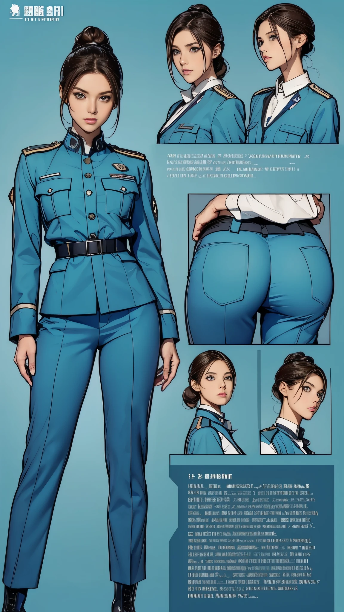 ((masterpiece)),(((highest quality))),((Reference Sheet, Character Design, front, return, ~ ~ side, Mr..々Hairstyle, Mr..々Performance, Facial Expressions)), , Cute type, (Very slim:1.4), (Very small ass:1.4), Realistic buttocks, Medium milk, Short brown hair,Thin thighs, Long legs, It's not a big deal,(A female Earth Federation officer is walking), (Wearing Earth Federation military uniform, White and light blue military uniform),(Worn by federal government employees'White Hat:1.5)