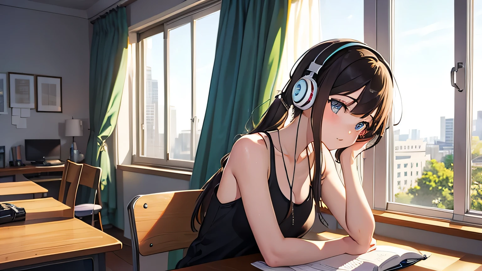 by the window put on headphones get on your elbows girl Tank top studying
