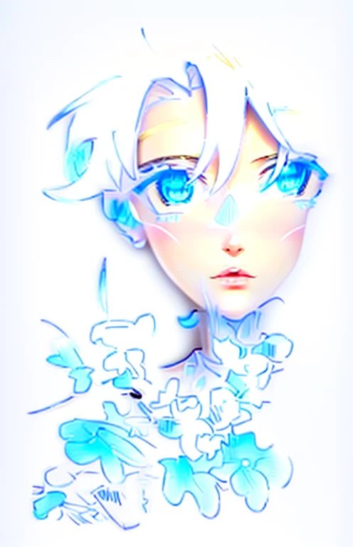 Holding a bouquet of white flowers in hand attracts attention, (8K、best quality:1.3), (Realistic anime girl rendering, Realistic anime 3D style), (1 girl), (Very beautiful 18 year old girl), (Lovely, small:1.3), Symmetrical perfect face shape, Bangs, deep blue eyes, Realistic eyes, beautiful eyelashes, Melancholy expression, short hair,Accurate and natural, Perfect anatomical structure, Very delicate skin, Upper Body，White metallic sleeveless dress, Off-shoulder, Background seaside，The sun shines， Create digital artwork in pop art style