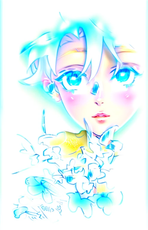 Holding a bouquet of white flowers in hand attracts attention, (8K、best quality:1.3), (Realistic anime girl rendering, Realistic anime 3D style), (1 girl), (Very beautiful 18 year old girl), (Lovely, small:1.3), Symmetrical perfect face shape, Bangs, deep blue eyes, Realistic eyes, beautiful eyelashes, Melancholy expression, short hair,Accurate and natural, Perfect anatomical structure, Very delicate skin, Upper Body,White metallic sleeveless dress, Off-shoulder, Background seaside,The sun shines, Create digital artwork in pop art style