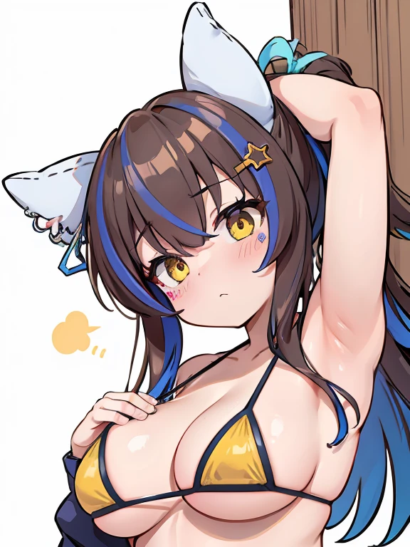 Daitaku Helios | Uma Musume: Pretty Derby,Browsing Caution,1 girl,,,chest,尖ったchest,chestの谷間,Underbust,Side Boob Barbosa,(blush),((Embarrassing)),Spread out and masturbate((Pale white micro bikini))Round 1(((Place your hands behind your head)))((View from below、View from below))Upper body close-up