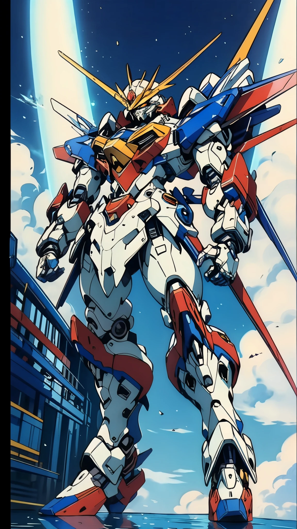 Humanoid Mecha, fully enclosed shoulder guards, matching arm and leg guards, full body, full armor, the design balances heavy with agility, (the color scheme is primarily white with red and blue accents, the concept Inspired by Super robot, organic biotech armor, standing, floating high above the futuristic sci-fi city), exquisite and mature art style, (aura effect, energy, glowing eyes, the armor glows), ((SRS)), metallic, dynamic, dramatic, high definition, best quality, highres, ultra-detailed, ultra-fine painting, extremely delicate, professional, perfect body proportions, anatomically correct, symmetrical face, extremely detailed eyes and face, high quality eyes, creativity, RAW photo, UHD, 32k, Natural light, cinematic lighting, masterpiece-anatomy-perfect, masterpiece:1.5