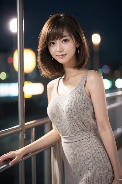 highest quality、8k wallpaper、Reality:1.4、Photographed by a professional photographer、Cinema Lighting、View your viewers、background:Night City、1 beautiful girl、Japanese Idol、23 years old、Beautifully detailed eyes、Detailed face、Beautiful Skin、Slender、Slim waist、Thin legs、Lip balm、Blonde: 1.8、The light is shining on her hair、Fancy hairstyle:1.8、Asymmetrical bangs、Knit dress 、smile:1.8、Seductive pose