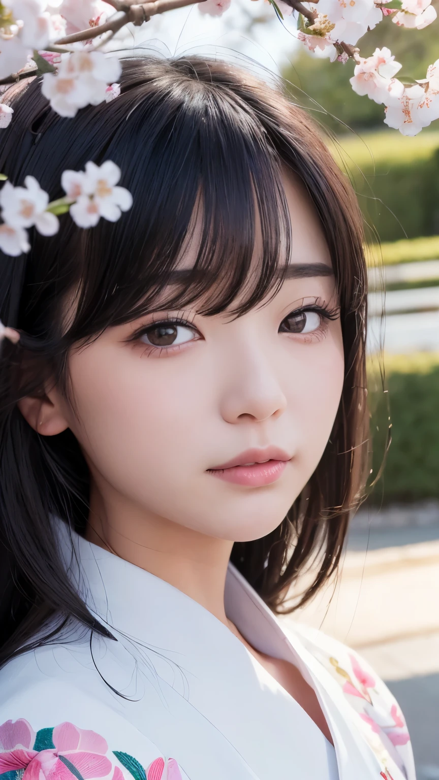 (logo、masterpiece、8k、Tabletop、RAW Photos、wonderful、最high quality、Realistic、Very detailed CG 統合 8k 壁紙、high quality、Very detailed、Narrative poem、Particle Effects、Dynamic Effects、Written boundary depth、Cinematic Light、Lens flare、Ray Tracing)、Fantasy、 (1 Beauty、White kimono、Japanese Clothing、White cherry blossom pattern、White cherry blossom embroidery pattern、Black-haired、Beautiful Face、True Face、Beautiful details in the eyes、Beautiful Skin)、Hair flutters in Wind、Hair bounces、Pink cherry blossom tree、Petals flutter、SakuraFubuki、wonderful景色、Morning Glow、Sun in the background、Wind、god々、teeth、god話、Vast land、