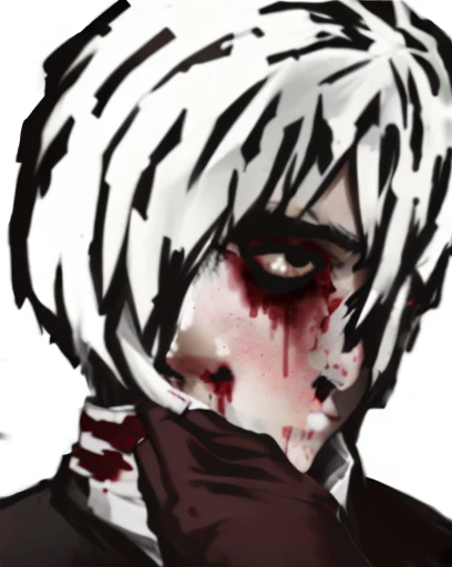 a close up of a man boy person with a bloody face and and white hair, his eyes are bleeding intense, kaneki ken, ken kaneki, bloody face, clean brutal blooded face, [[blood]], bloody tears, crying tears of blood, gapmoe yandere grimdark, ghoul, blood splatter on the sides, bloody, bloody scene