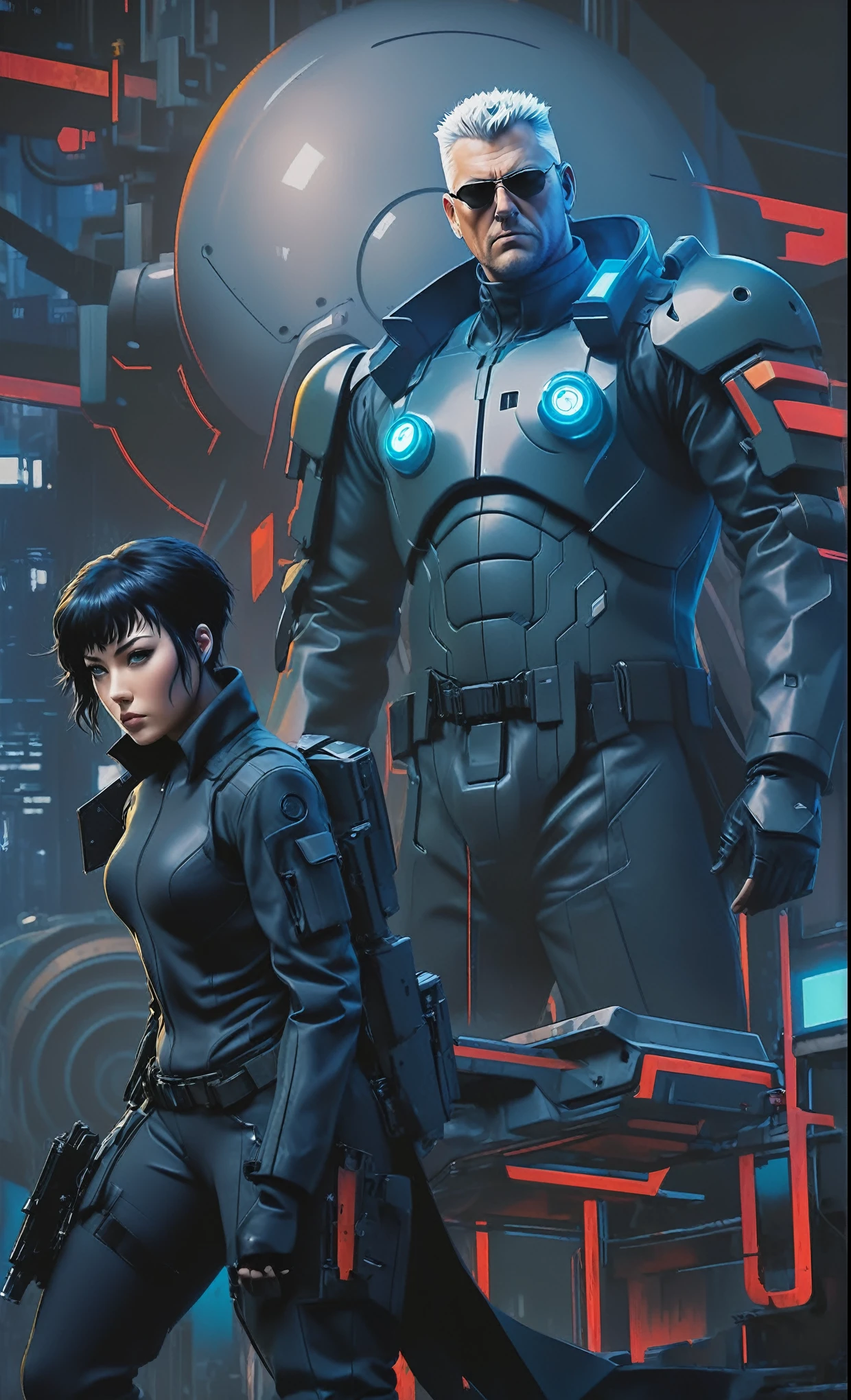 Ghost in the Shell Vol.2 - Batou, by Luis Duarte, Luis Duarte style, blue and black shading, Neo-Tokyo style, Element Air, Mythpunk, Graphic Interface, Sci-Fic Art, Dark Influence, NijiExpress 3D v3, Kinetic Art, Datanoshing, Oilpainting, Ink v3, Splash style, Abstract Art, Abstract Tech, Cyber Tech Elements, Futuristic, Illustrated v3, Deco Influence, AirBrush style, drawing