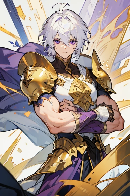 Muscular 30 year old man white hair purple eyes golden armor with scars