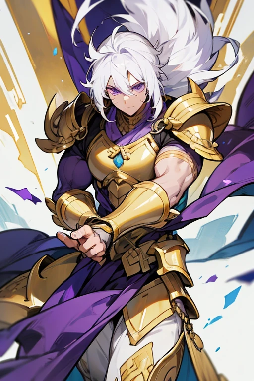 Muscular 30 year old man white hair purple eyes golden armor with scars