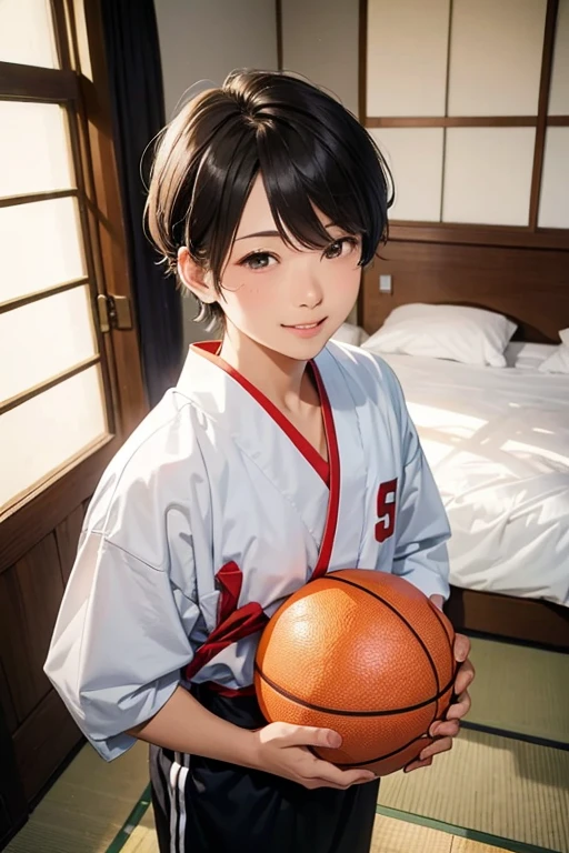 The smiled,Holding a basketball, Being in the room Bird's eye view, Japanese-style room、boy