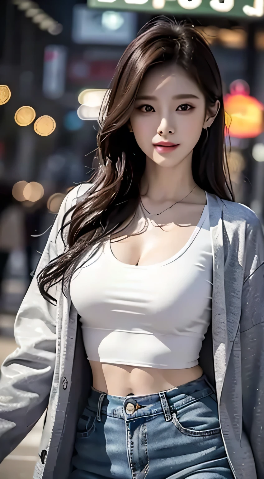 (8k, best quality, masterpiece:1,2), (realistic, photo-realistic:1,37), top quality, masterpiece, a beautiful woman, wearing a shirt for women crop v neck top white t-shirt korean fashion women t with a tight open gray color jacket, beautiful and toned body, cleavage, floral mini skirt, walking in the suburbs, slightly drizzling night background, in shops with Korean-style shop lights, night atmosphere, slightly wet asphalt, seductive smiles with dimples,