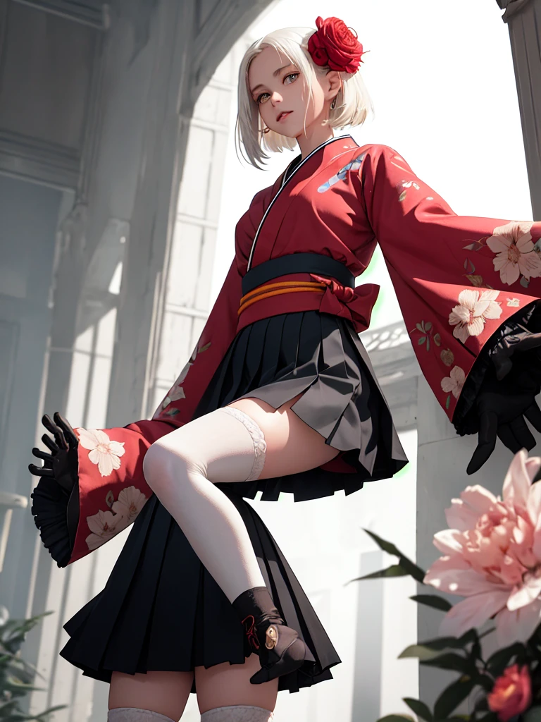 (masterpiece, highest quality, Intricate details, Ultra-detailed, Very detailed), SF, future, cyber punk, One girl, alone, Cowboy Shot, Two-tone hair, Gloves, short hair, Frills, kimono, Hair Flowers, Wide sleeves, kimono, White knee socks, zettai ryouiki, Floral print, skirt, Removable sleeves, adjusting Glovess,