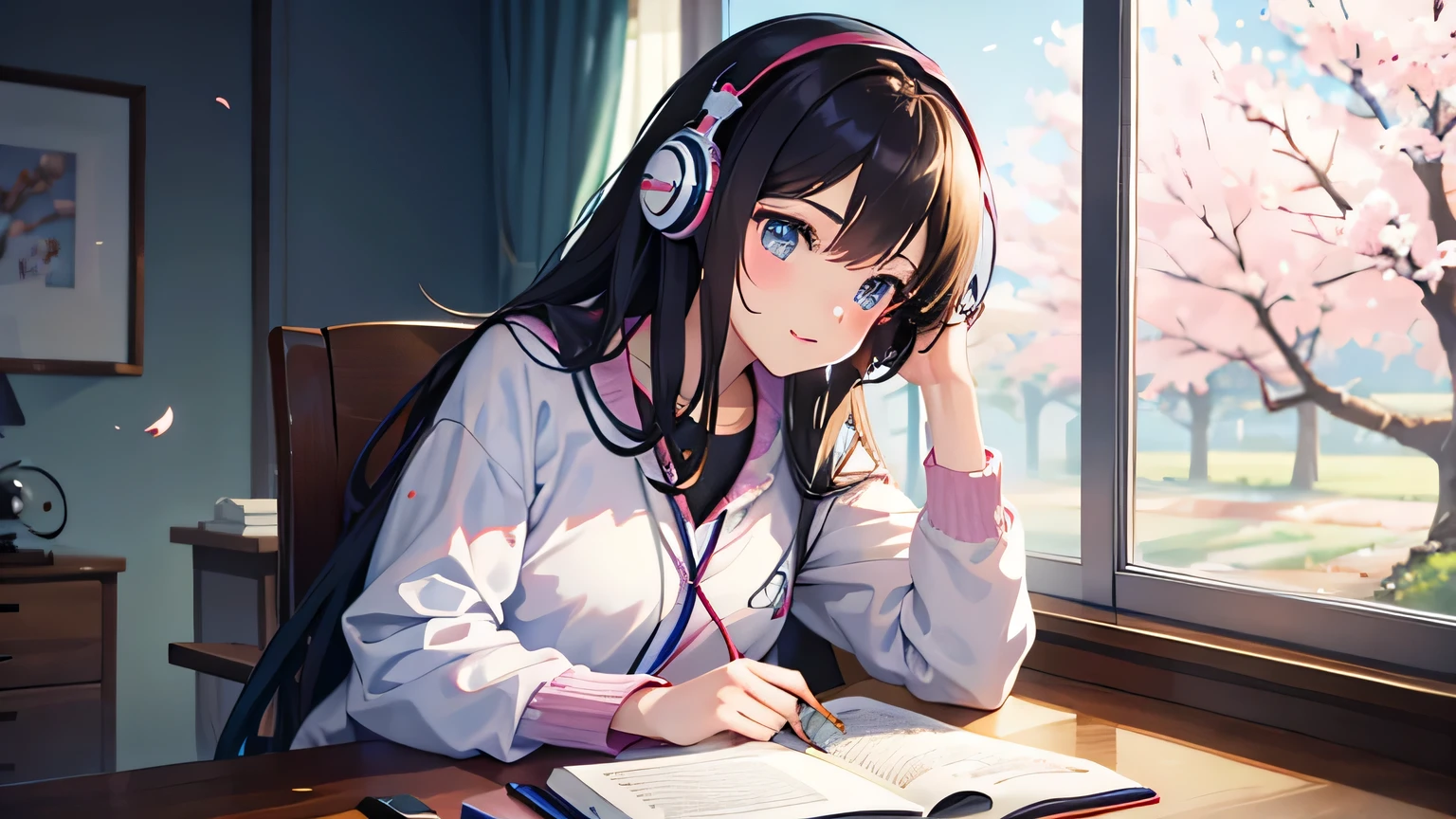 Beautiful girl studying while listening to music on headphones in her room warm lighting Cherry blossoms are blooming outside the room Japanese anime style