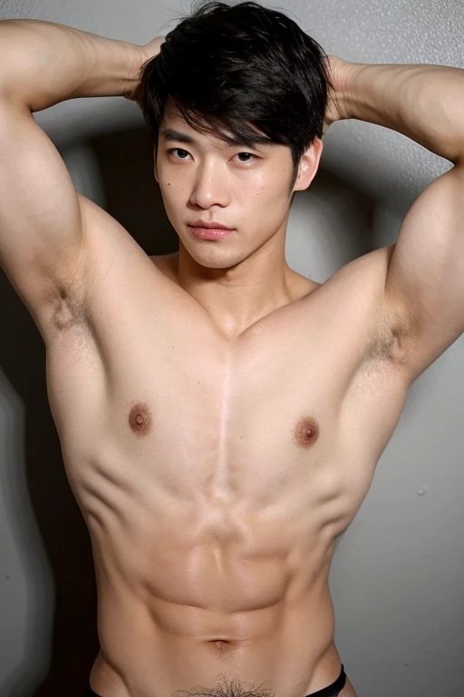 ((best quality)), (detailed), perfect face, HOMEM COREANO, SEM CAMISA, rosto bonito, PEITO MUSCULAR, volume na cueca, protuberance, grande, futurista, Corpo magro, rouco, magro, big nice protuberance, lindo ator coreano, poses sensuais, sensual, whole body shot, wearing a thong, muscular, lifted arms, spread legs, pubes, shirtless