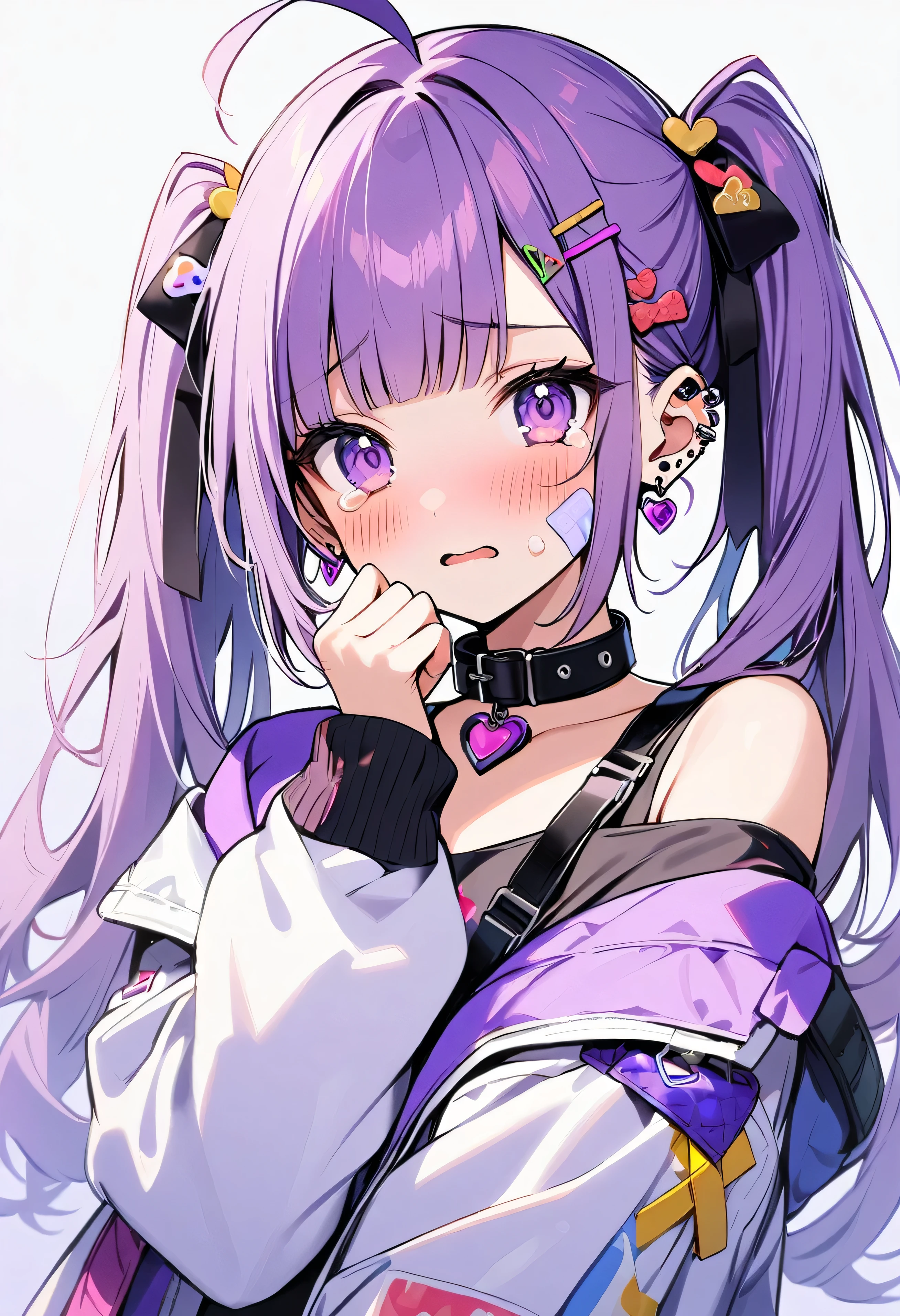 1girl, solo, long hair, looking at viewer, blush, bangs, hair ornament, long sleeves, twintails, jewelry, purple eyes, jacket, upper body, purple hair, ahoge, heart, earrings, hairclip, blunt bangs, off shoulder, collar, piercing, ear piercing, bandaid, bandaid on face,crying
