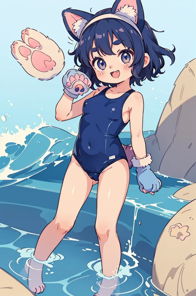 flat color,(one girl,japanese,She is posing for the camera,yo,((cute Paw Glove:1.5)),Cat ears headband,detailed face,BREAK (darkblue wavy-short hair),parallel eyebrows,eyes with large irises,smile,small breasts,,very happy, BREAK, (paw swimsuit),fullbody,at poolside,catwalk,
