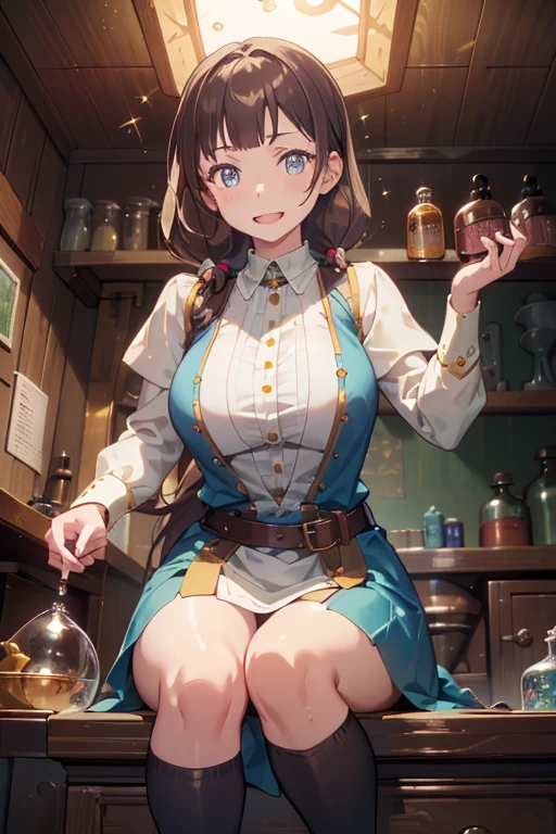 (fantasy:1.5),(8k,masterpiece, top quality, best quality,beautiful and aesthetic:1.2,professional illustrasion:1.1,ultra detail:1.3,perfect lighting),extremely detailed,highest detailed,incredibly absurdres , highres, ultra detailed,intricate:1.6,(Alchemy Workshop:1.4),A girl mixing,Medicine in many small bottles,holding small potion,colorful:1.4,zentangle,(a girl 26yo old),(cute girl),pointed chest:1.3,(double breasted:1.2,under bust:1.2), Amazing Cleavage:1.3, thin waist, big ass, Raised sexy, big breast: 1.2 posed cleavage:1.2,(female alchemy),(highly detailed beautiful face and eyes,firm breasts),oily skin,((bronde hair, long pony tail hair)),thin pubic hair,cute,lovely,beautifuk alchemist costume,smile,in the kitchen,smile,seductive weak smiling,(with sparkling eyes and a contagious smile),open mouth, Looking at Viewer,