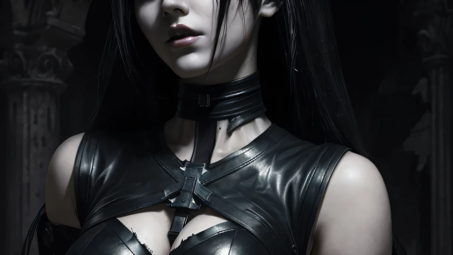 A beautiful android woman in black clothes in the ruins。Looking up。Close-up of upper body from face to navel, Poses that accentuate the chest。Black leather outfit with slitesh stockings、Wearing a choker。Lilith, Albedo, texture, Cyberpunk Black Metal Bands, A fascinating cyberpunk dark fantasy, Gothic horror atmosphere, Albedo from overlord, Great composition, High resolution, Very detailed, Majestic, Digital photography,