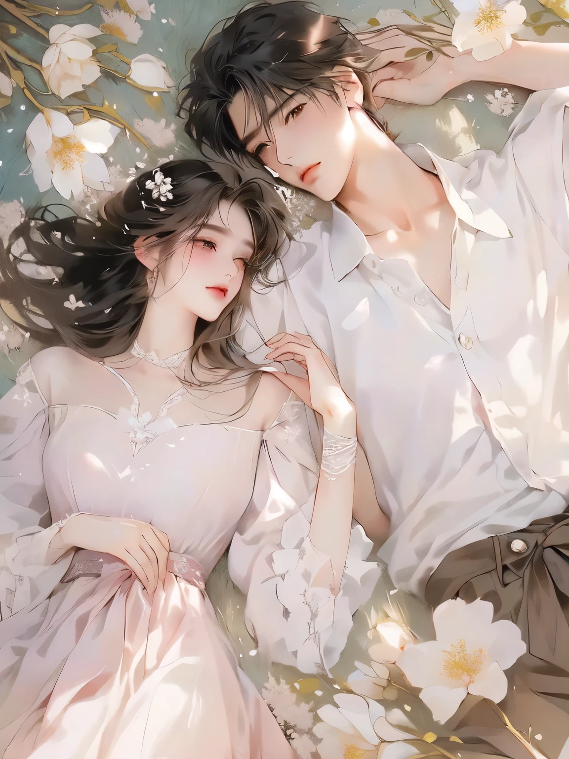 best quality，Outstanding，Anime couple lying on the floor，flowers in the background, art style，Beautiful and delicate face，HD