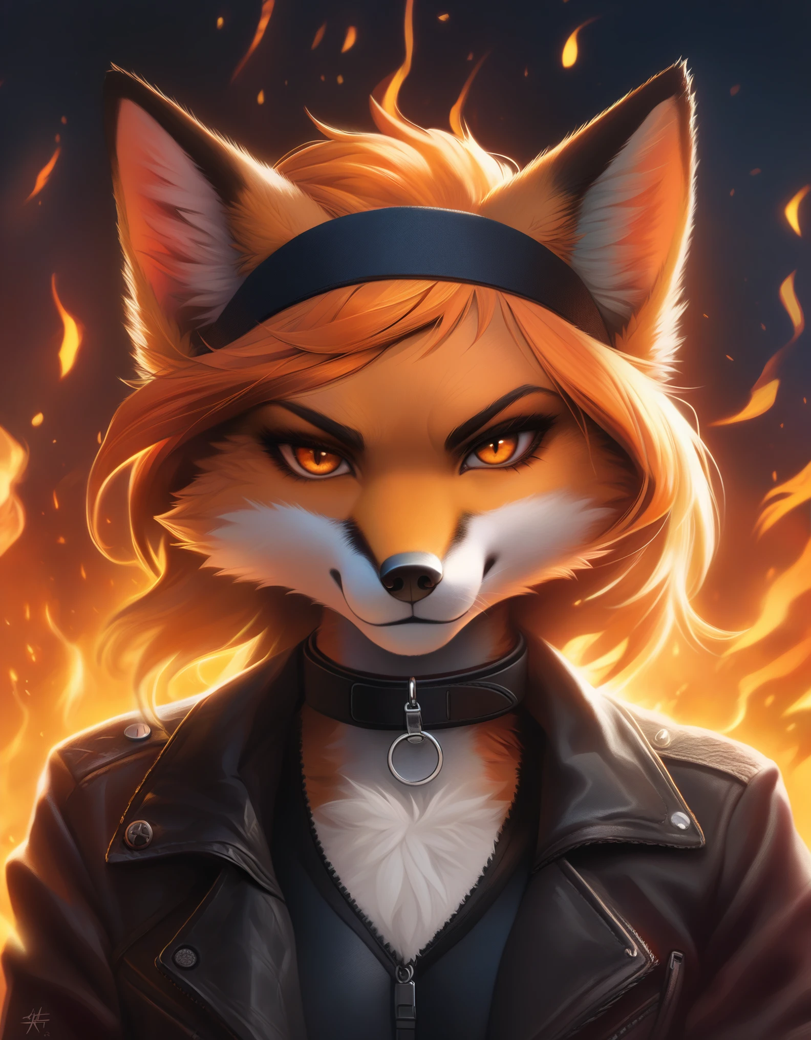 detailed face eyes and fur, (detailed fire background), anthro furry female fox, orange hair, enface portrait, small, looking at viewer, intimidating, smirk, black headband, collar, jacket, highly detailed, absurdres, cinematic lighting, soft, fluffy