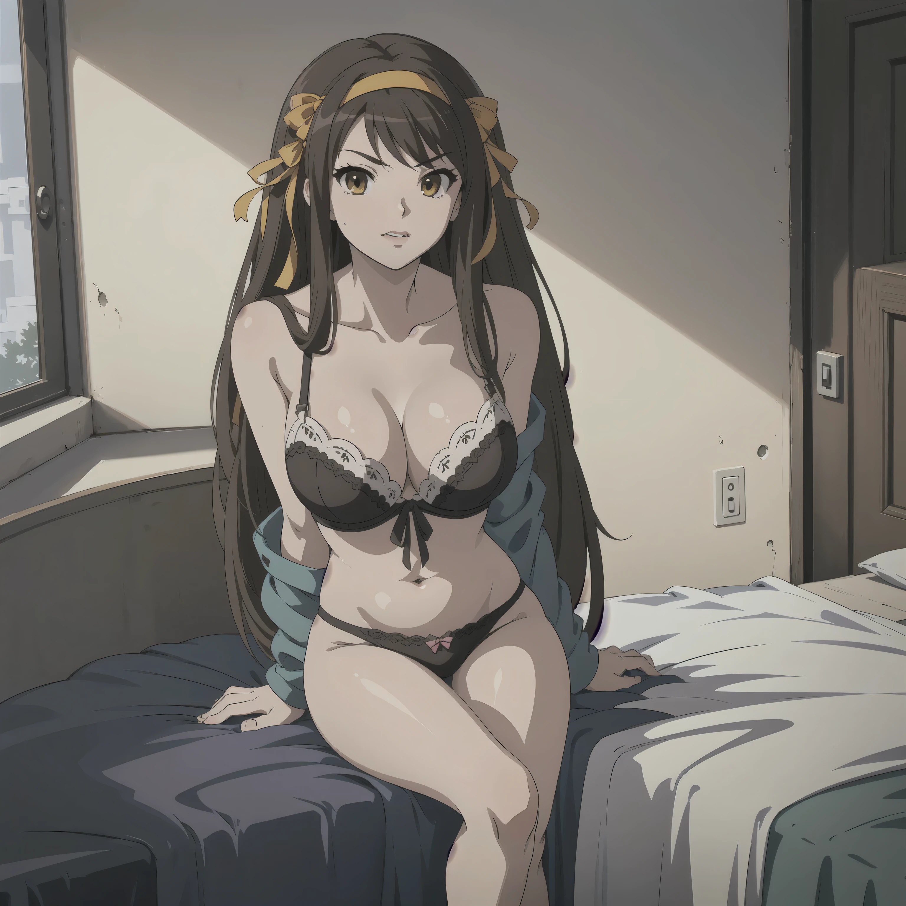 (A superb exquisite haruhi suzumiya), (haruhi suzumiya:1.5), brown eyes, brown hair, natural straight hair, hairband, ribbon, straight bangs, solo, nature, extremely delicate, straight facial features, peerless beautiful girl, soft, (sensual face), ((ecchi face)), dreamy quality, exaggerated facial features, solid color, frank holly, delicate face, bright lips, slender waist, soft curves, real light and shadow, super fine, 4k, natural moving, Ultra high resolution, (masterpiece:1.2, best quality), (finely detailed beautiful eyes: 1.2), (beautiful detailed face), sexy nude model, sexy pose, (large chest), (Perfect Body Proportions), (bedroom), Mekosuji, Spread your legs a little and show off your crotch, bra & panties,