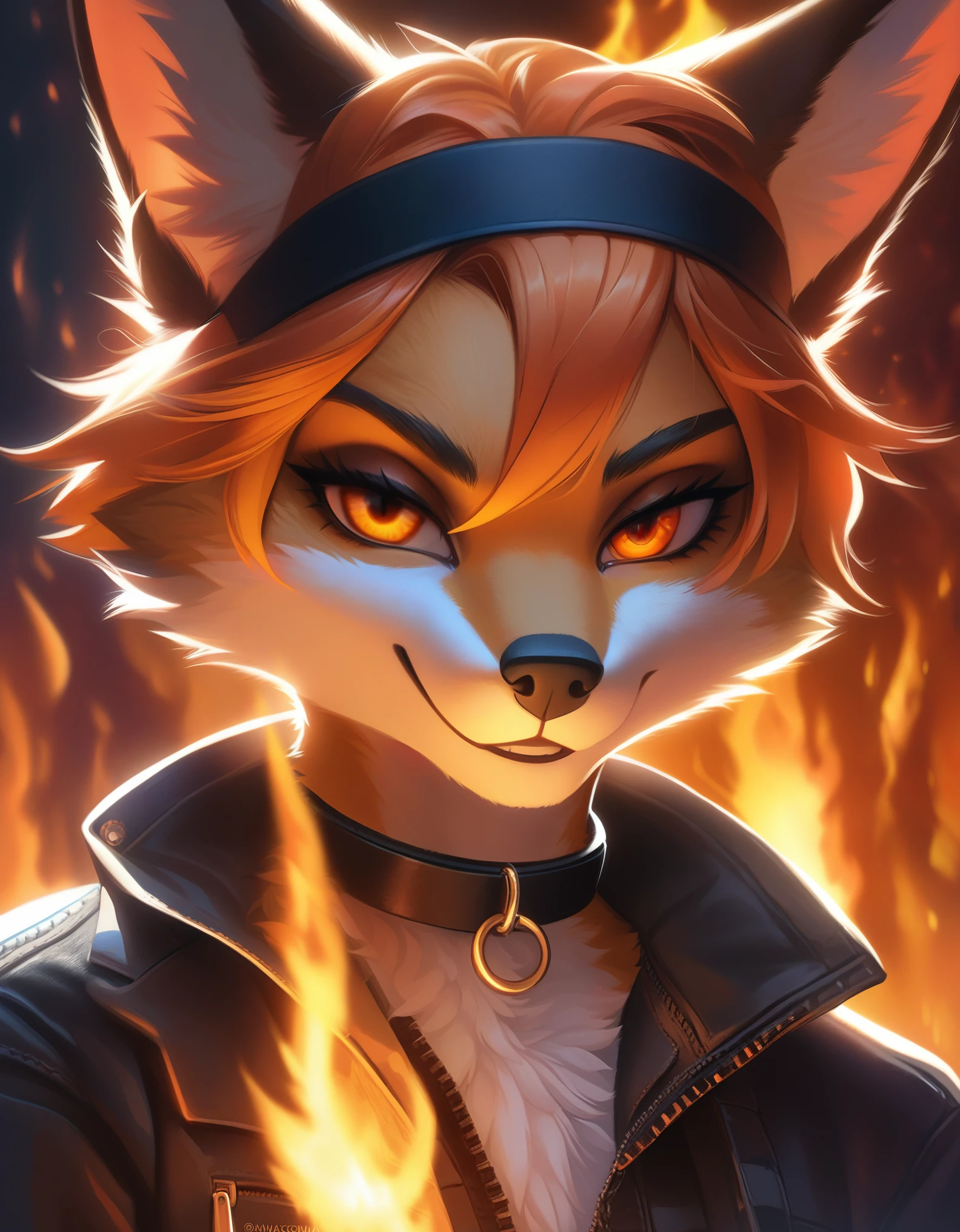 detailed face eyes and fur, (detailed fire background), anthro furry female fox, orange hair, enface portrait, small, looking at viewer, intimidating, smirk, black headband, collar, jacket, highly detailed, absurdres, cinematic lighting, soft, fluffy