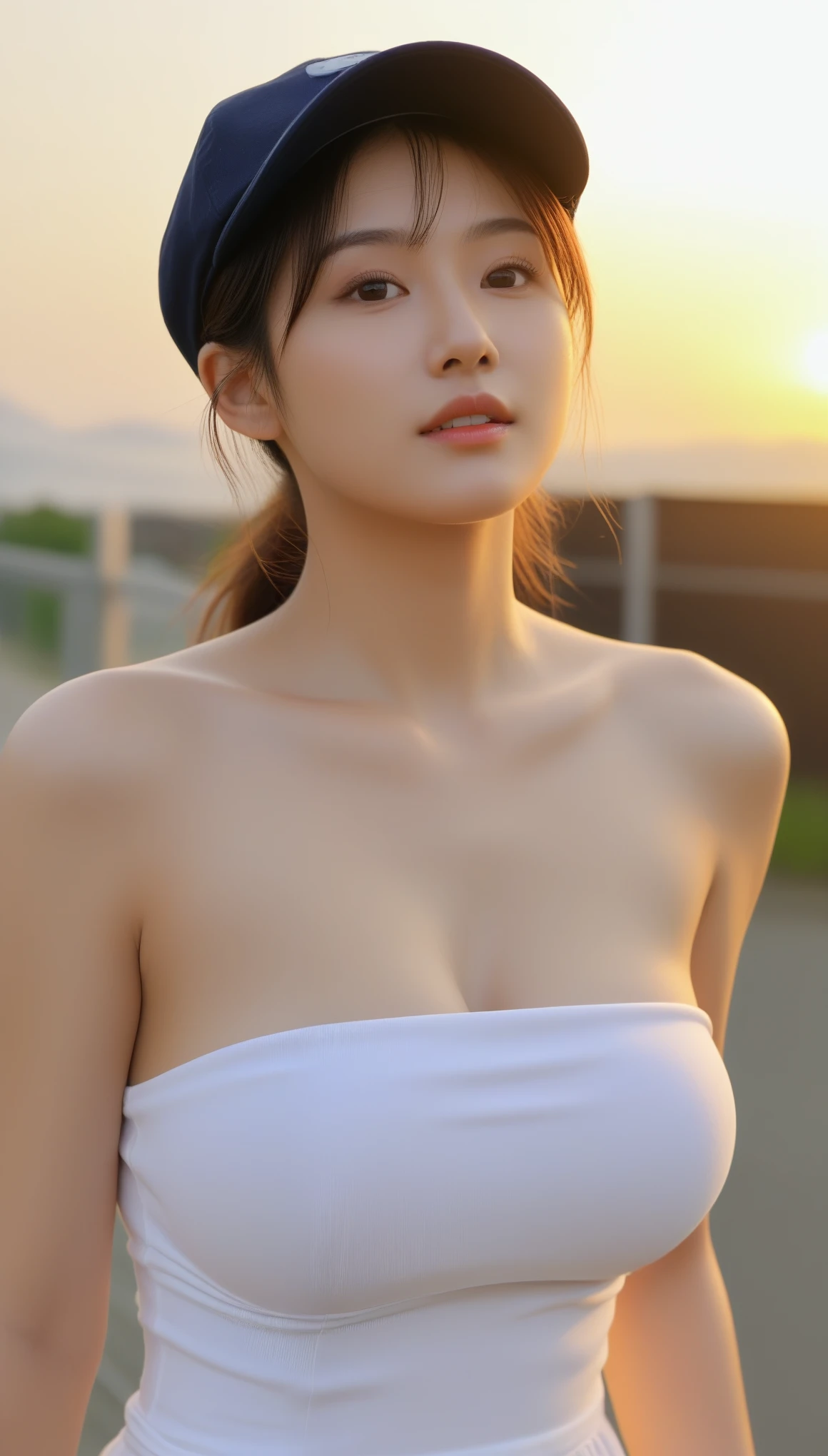 Extreme close-up of beautiful korean female, 34 inches breasts size, wearing strapless top, cap, against the fence, sunset light, UHD 