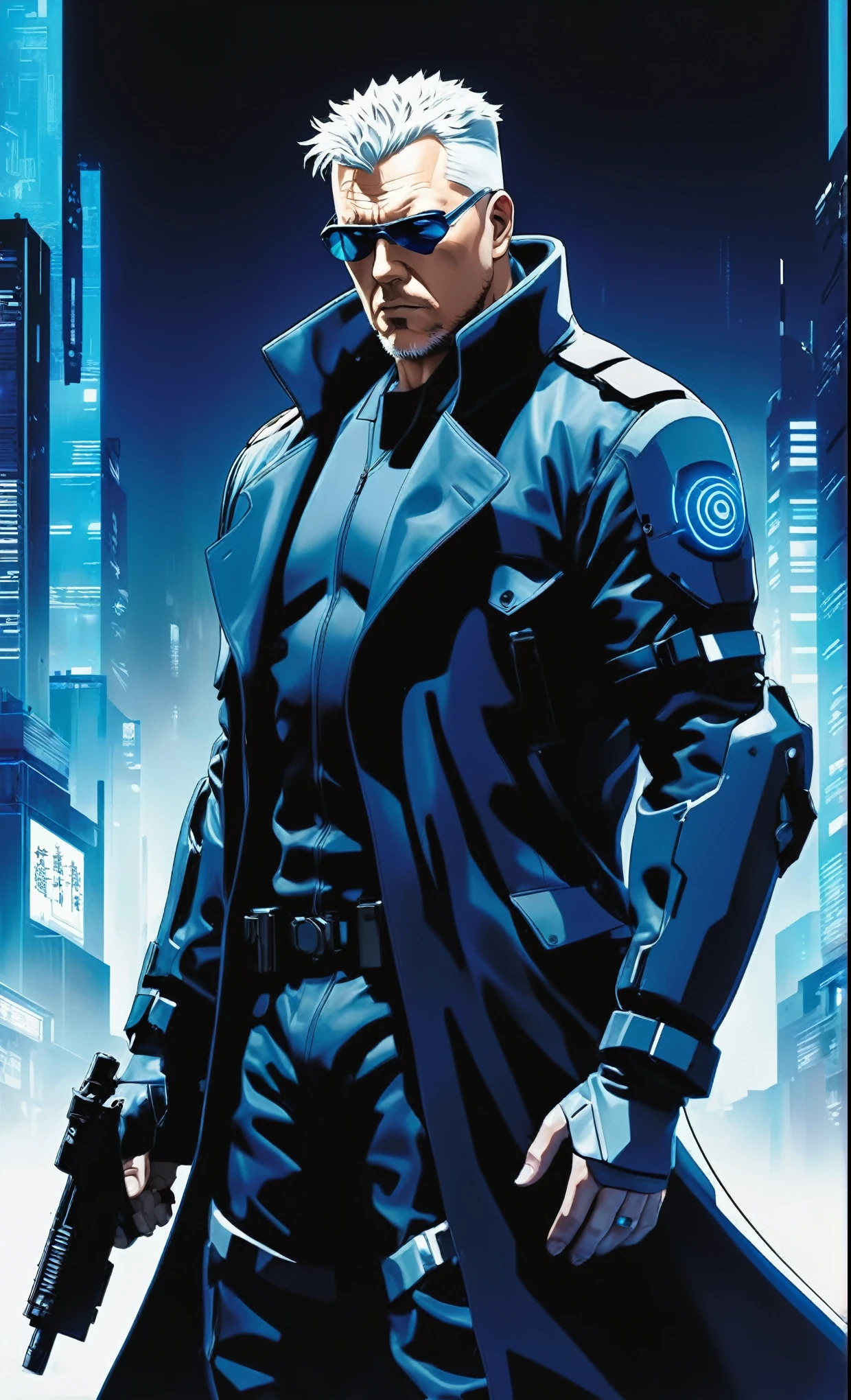 Ghost in the Shell Vol.2 - Batou, by Luis Duarte, Luis Duarte style, blue and black shading, Neo-Tokyo style, Element Air, Mythpunk, Graphic Interface, Sci-Fic Art, Dark Influence, NijiExpress 3D v3, Kinetic Art, Datanoshing, Oilpainting, Ink v3, Splash style, Abstract Art, Abstract Tech, Cyber Tech Elements, Futuristic, Illustrated v3, Deco Influence, AirBrush style, drawing